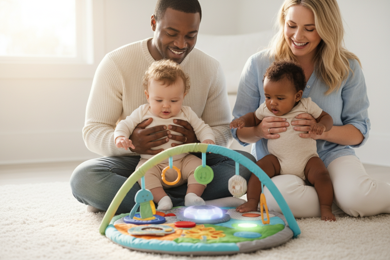 Papa noir et maman blanche avec leurs bébés sur le tapis SensoBaby