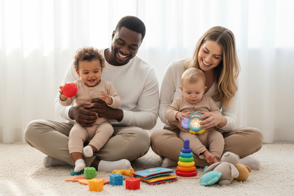 Papa noir et maman blanche avec leurs enfants de 18 mois jouant avec des jouets sensoriels