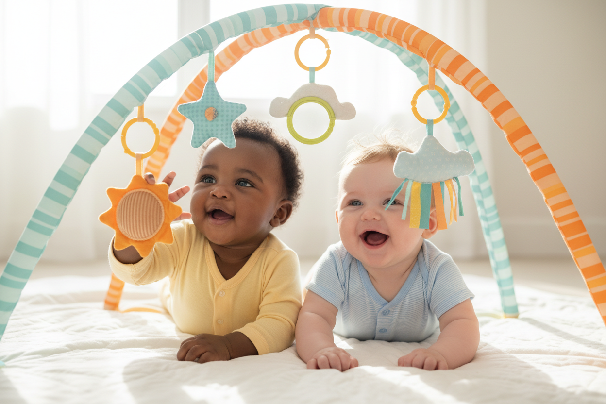 Bébés noir et blanc jouant sous une arche d'éveil multisensorielle