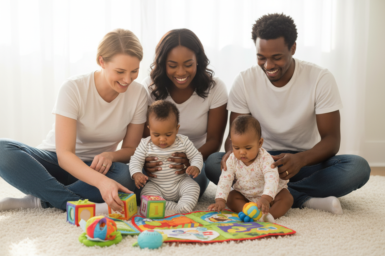 Familles noire et blanche avec leurs bébés de 1 an jouant avec des jouets colorés