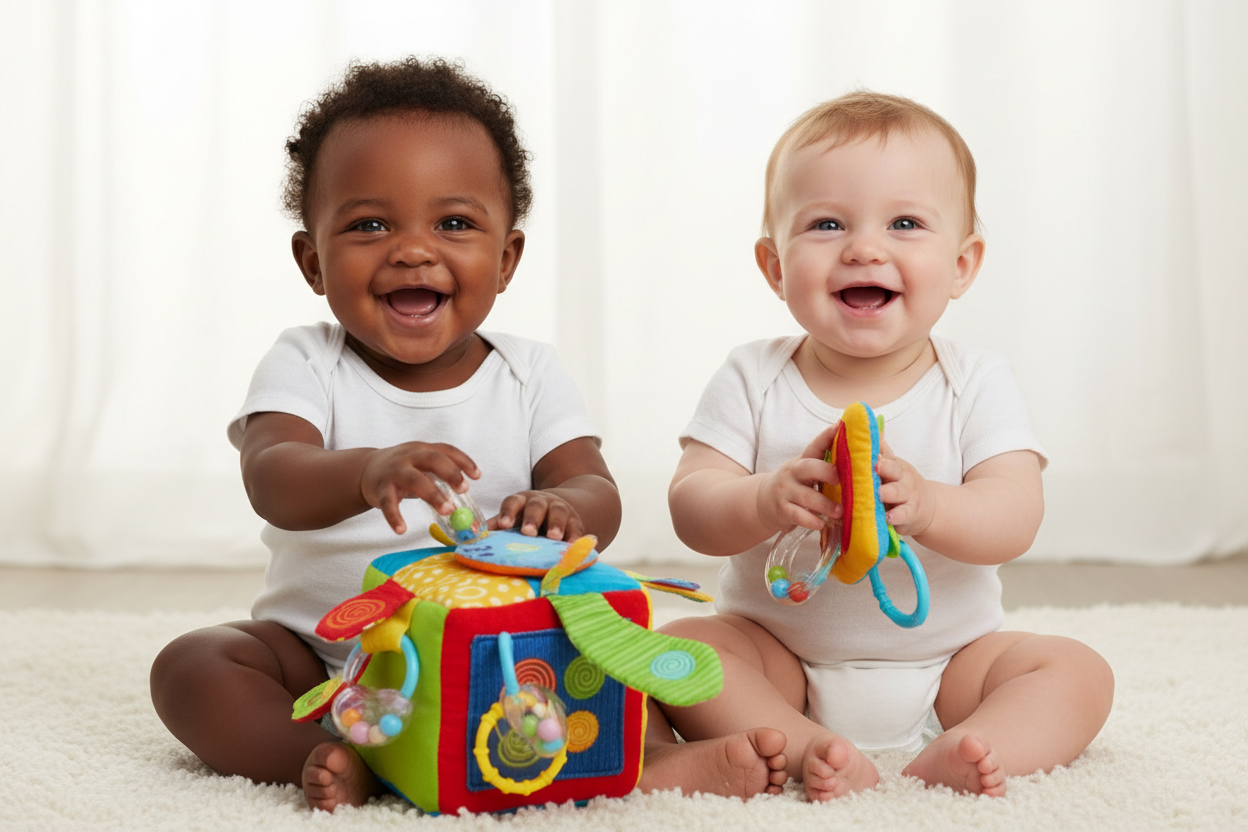 Bébés noir et blanc jouant avec le jouet d'éveil Sensoricolor
