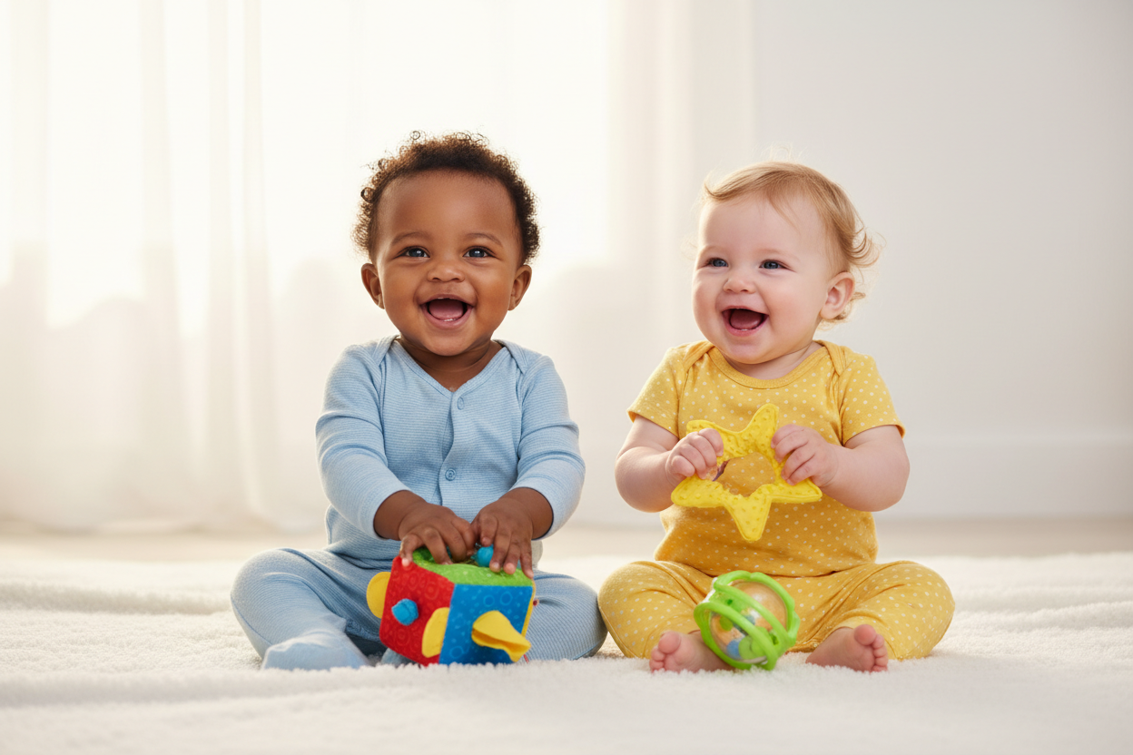 Bébés noir et blanc jouant avec des jouets colorés et stimulants
