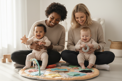 Mamans noire et blanche avec leurs bébés sur un tapis d'éveil coloré