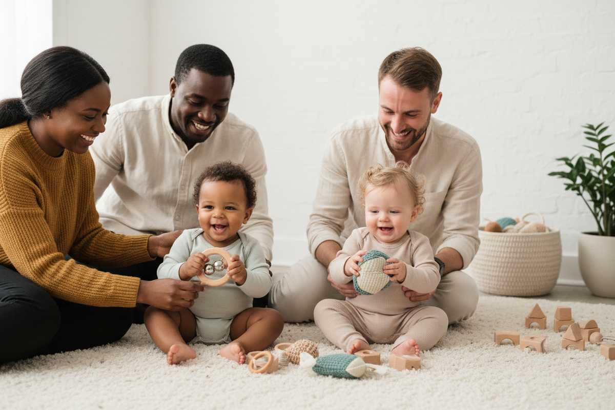 Familles noire et blanche jouant avec des jouets éco-stimulants naturels pour bébé