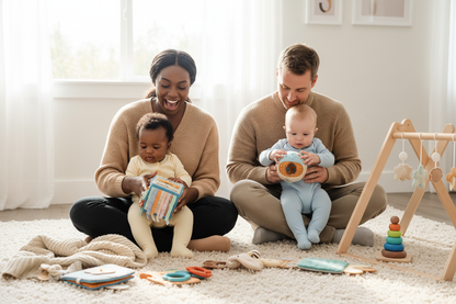 Familles diverses jouant avec des jouets éducatifs doux pour bébé