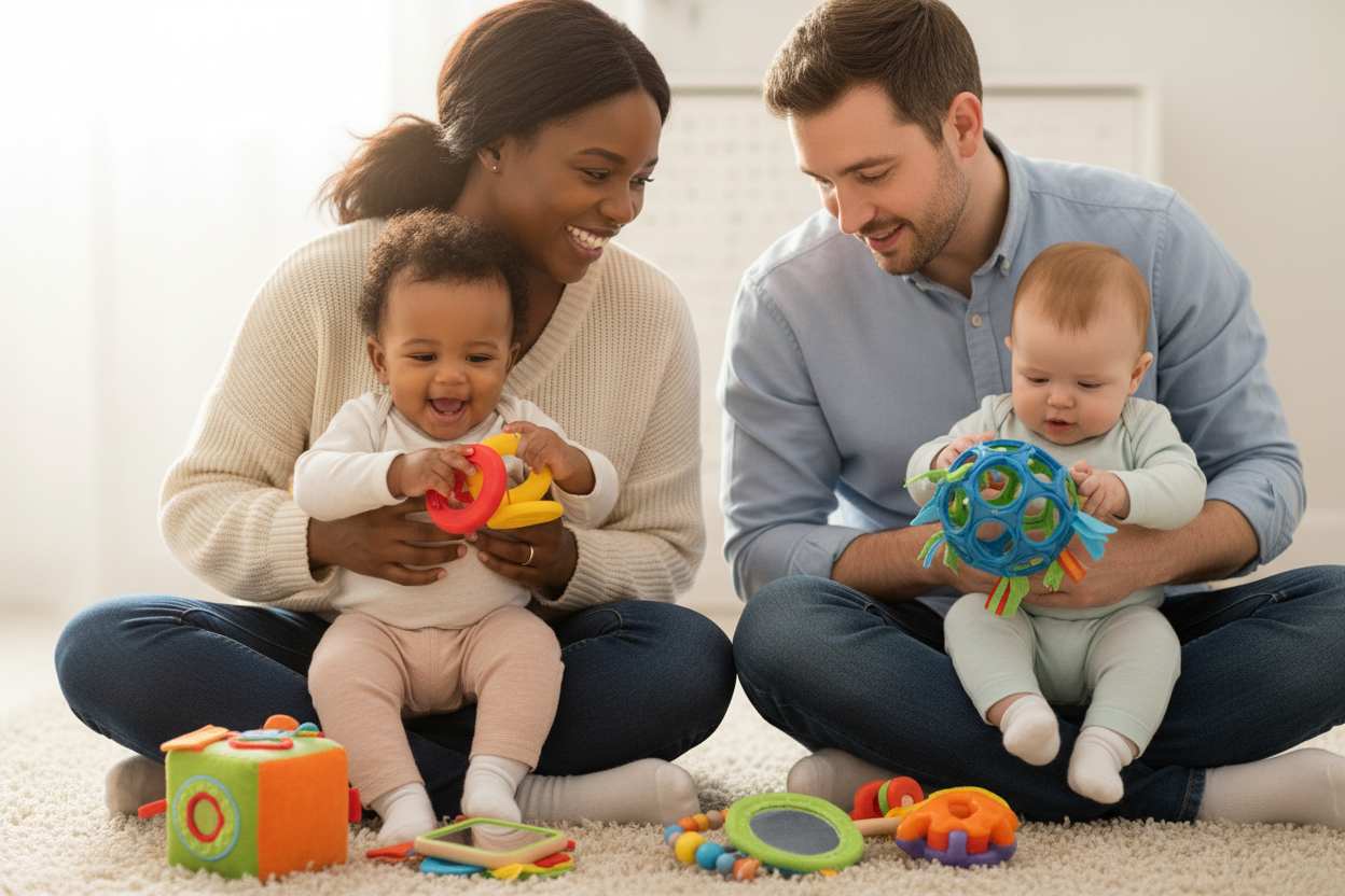Parents noirs et blancs jouant avec leurs bébés avec des jouets d'éveil sensoriel