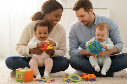 Parents noirs et blancs jouant avec leurs bébés avec des jouets d'éveil sensoriel