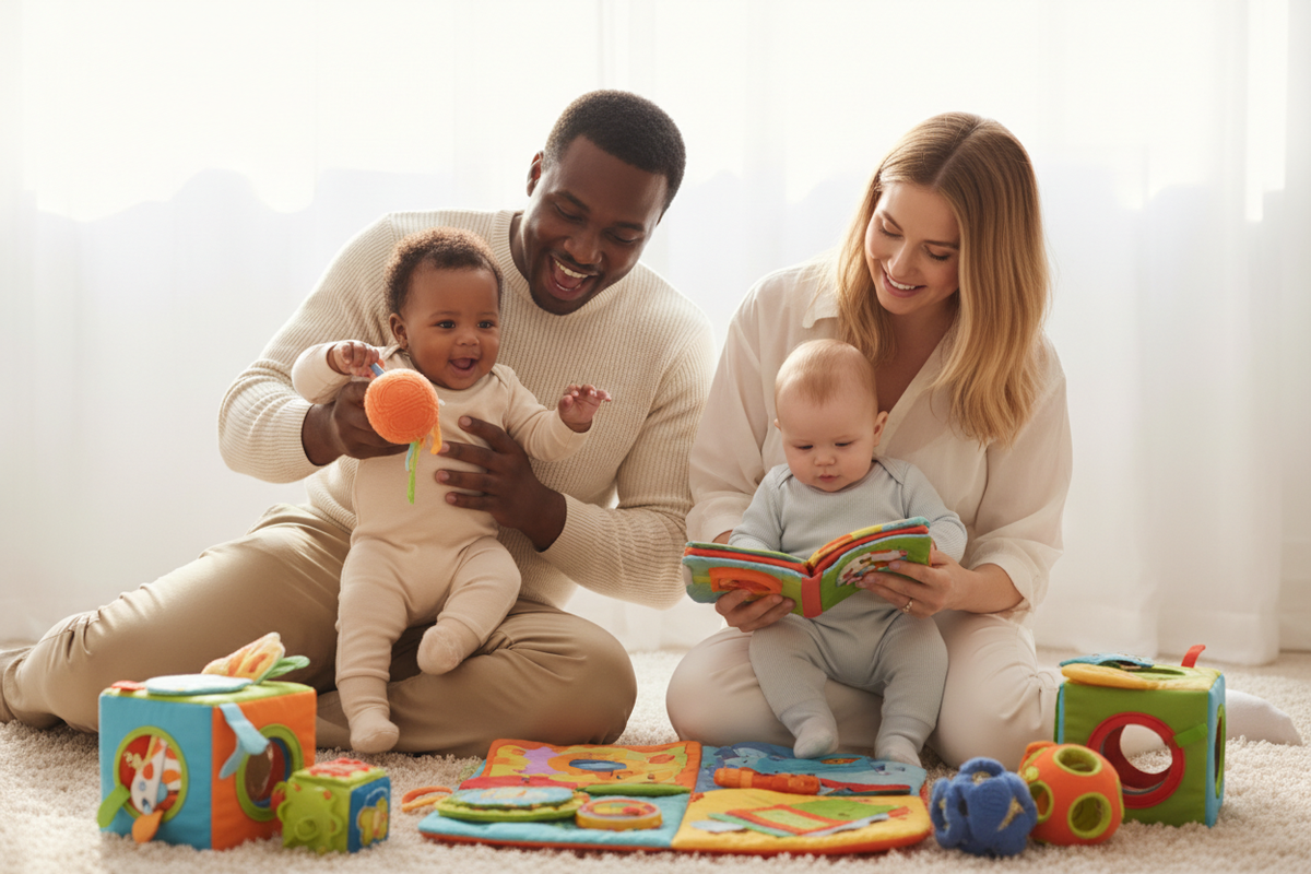Papa noir et maman blanche jouant avec leurs bébés avec des jouets sensoriels doux