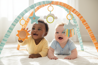 Bébés noir et blanc jouant sous une arche d'éveil multisensorielle
